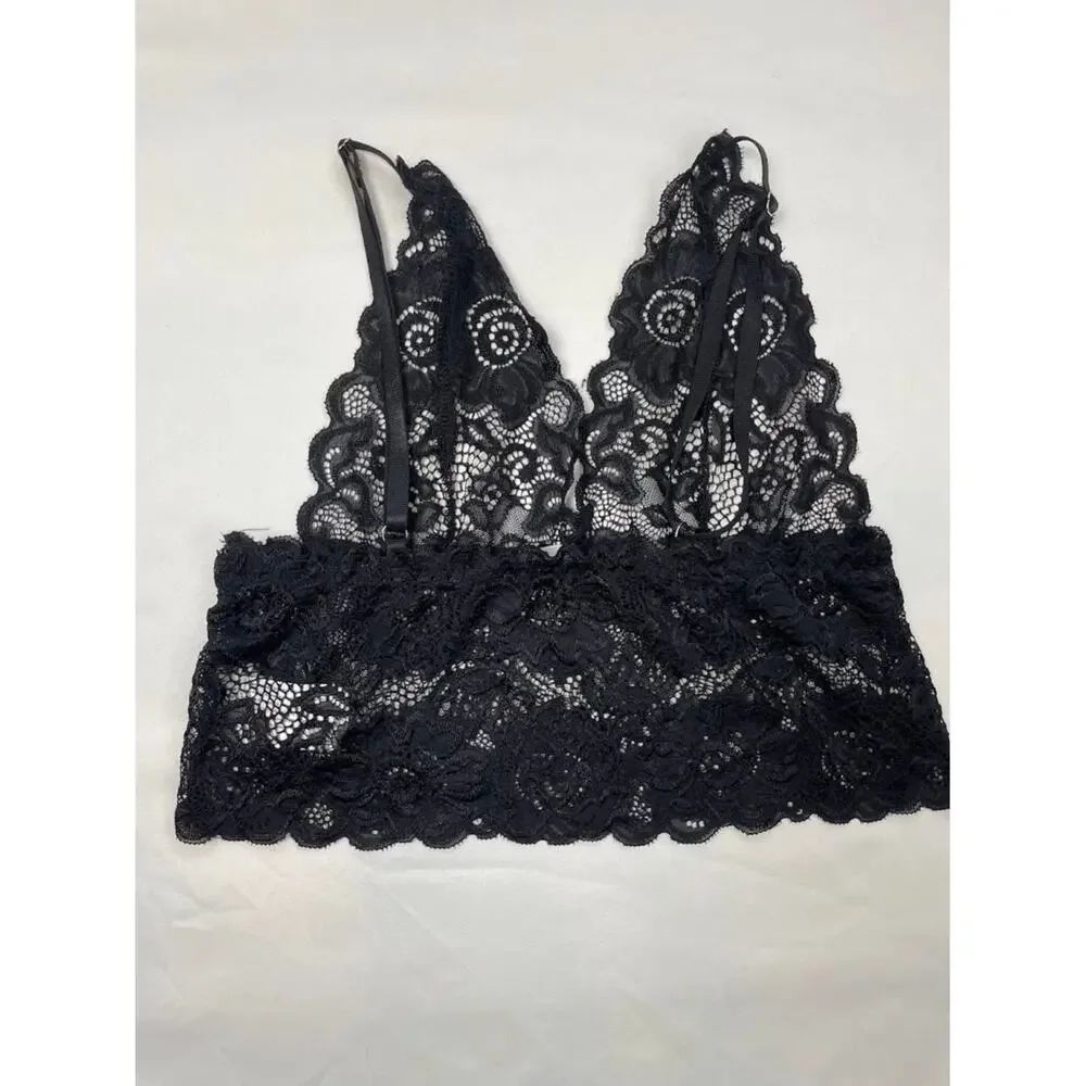 Women's Sheer Black Lace Bralette Sexy Lingerie‎ Deep V Cropped Top Boho Small